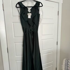 Beholden by anthropology wrap satin floor length gown. Dark emerald.